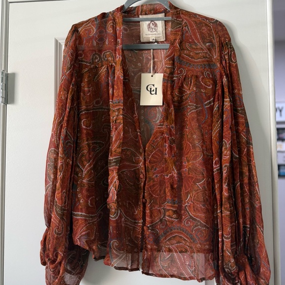 Chasing Unicorns Brown Sheer Tie Front Blouse - Picture 1 of 2